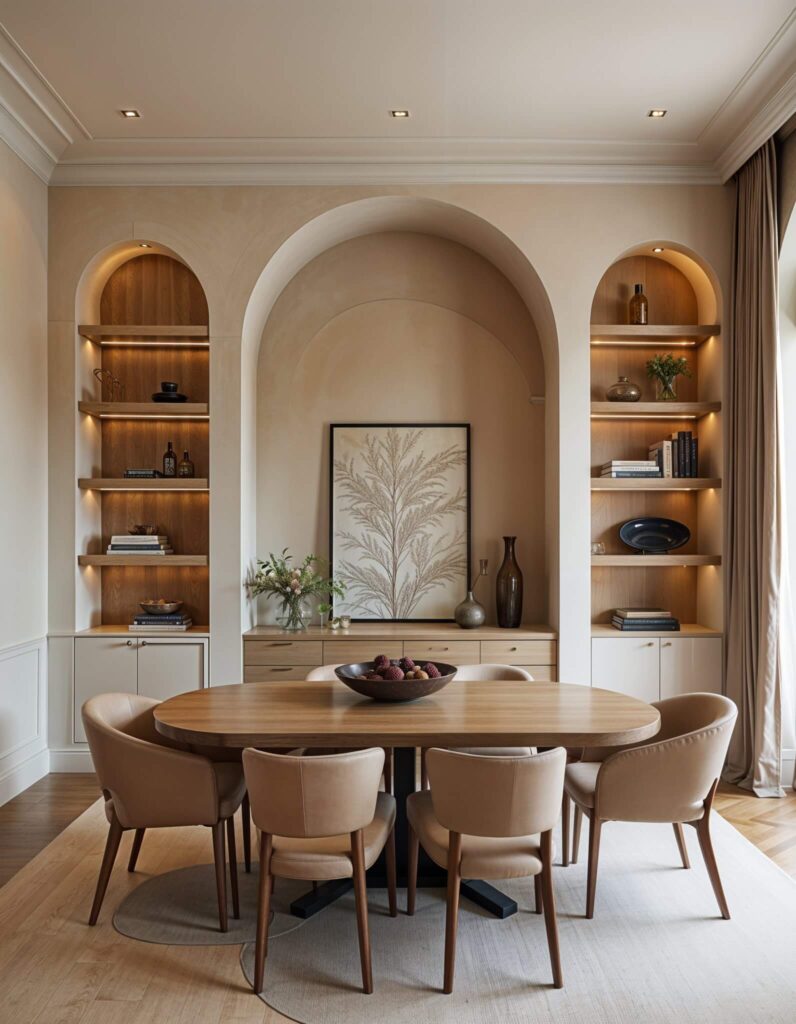 Elegant dining room with a wooden table, six beige chairs, and a decorative bowl. Flanked by two lit archways with shelves and centered artwork. Cozy ambiance.