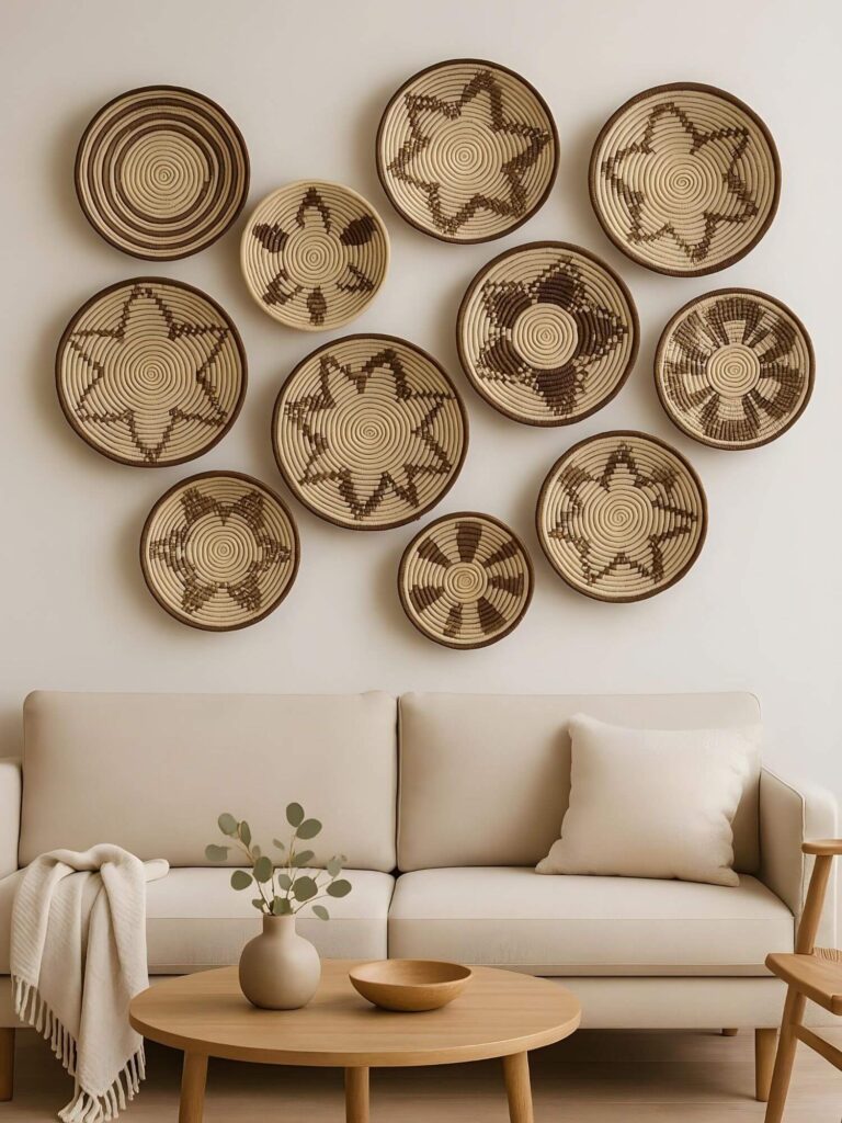 A modern living room features a white couch with a white pillow and blanket, underneath a collection of woven African baskets of different designs hanging on the wall
