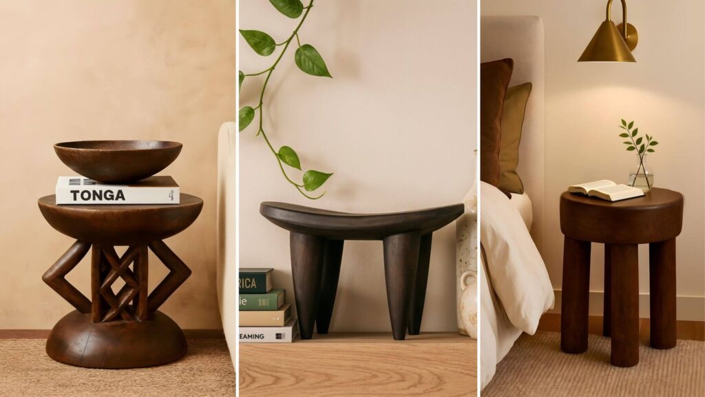 A mosaic of three stunning African stools in different scenes. On the left, we have a beautiful Tonga stool with a geometric design used as a decorative side table with a chic coffee table book and a vintage African bowl on it. In the middle, we have a Senufo stool also used for decorative purposes on a shelf with vintage vases on its right and a stack of books on its left. On the right, we have a Lobi stool used as a nightstand with an open reading book and a small glass vase on it. It is below a gorgeous golden brass sconce and next to a luxurious bed.