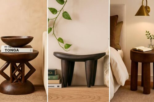 A mosaic of three stunning African stools in different scenes. On the left, we have a beautiful Tonga stool with a geometric design used as a decorative side table with a chic coffee table book and a vintage African bowl on it. In the middle, we have a Senufo stool also used for decorative purposes on a shelf with vintage vases on its right and a stack of books on its left. On the right, we have a Lobi stool used as a nightstand with an open reading book and a small glass vase on it. It is below a gorgeous golden brass sconce and next to a luxurious bed.