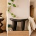 A mosaic of three stunning African stools in different scenes. On the left, we have a beautiful Tonga stool with a geometric design used as a decorative side table with a chic coffee table book and a vintage African bowl on it. In the middle, we have a Senufo stool also used for decorative purposes on a shelf with vintage vases on its right and a stack of books on its left. On the right, we have a Lobi stool used as a nightstand with an open reading book and a small glass vase on it. It is below a gorgeous golden brass sconce and next to a luxurious bed.