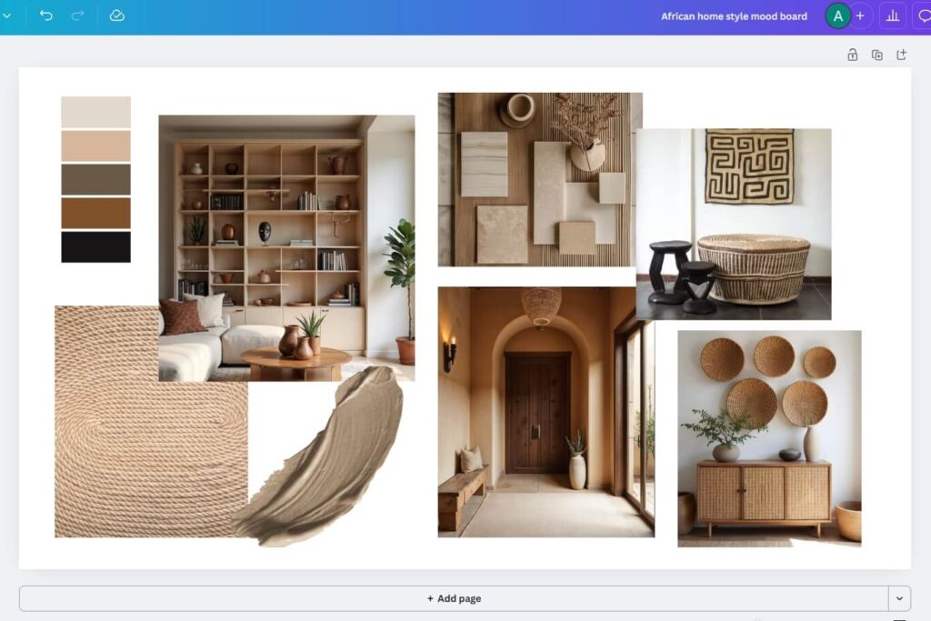 Interior design mood board for an African style home, made on Canva