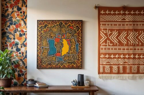 A room with African wall art including a colorful abstract painting, a geometric patterned tapestry and a mural on a white wall. A wooden table holds a potted plant, books, and ceramics.