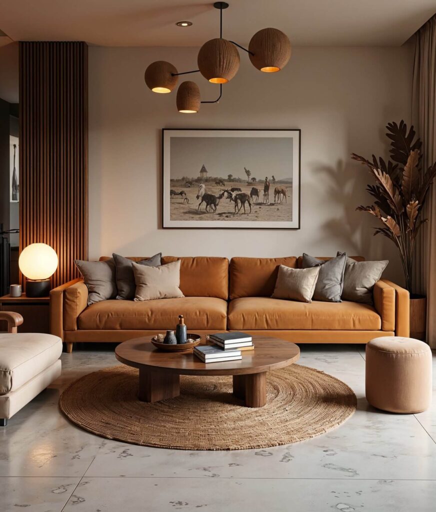Fusion Afro-Scandinavian living room with earth tone colors, brown sofa, wooden furniture, a contemporary ceiling lamps and a cozy vibe