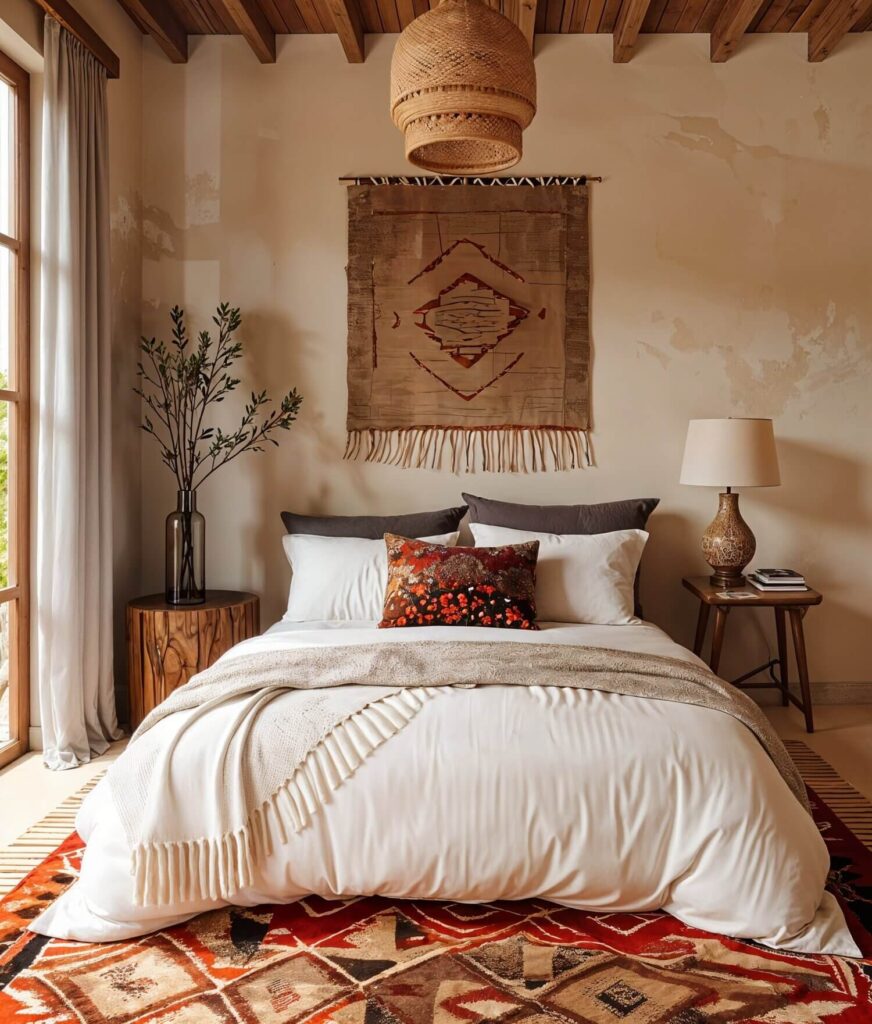 African interior design styles: afro-boho bedroom with a white bed, red Moroccan rug, woven wall hangings, a woven basket and a woven ceiling lamp