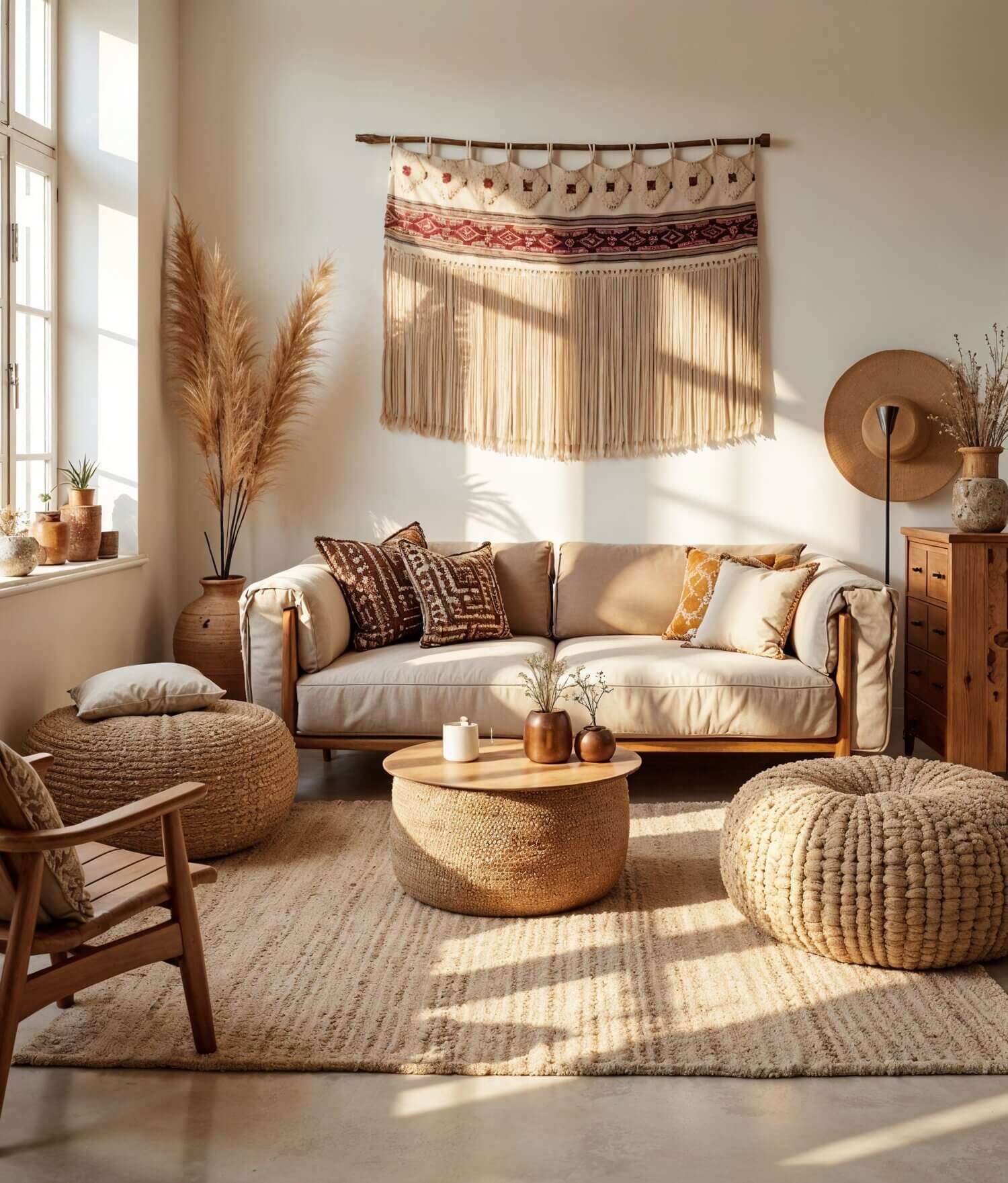 A bright living room displays African-inspired interior design. A light-colored sofa that has pillows with tribal prints is positioned in front of a wall hanging that looks like woven African fabric in white and red tones. A round crocheted coffee table stands in the middle of the sitting area that also contains two crocheted poufs. By the window, there's a clay vase containing pampas grass. A wooden cabinet is featured by a wall that has a straw hat hung on it. The space is warm and inviting through its earthy tones and natural textures.