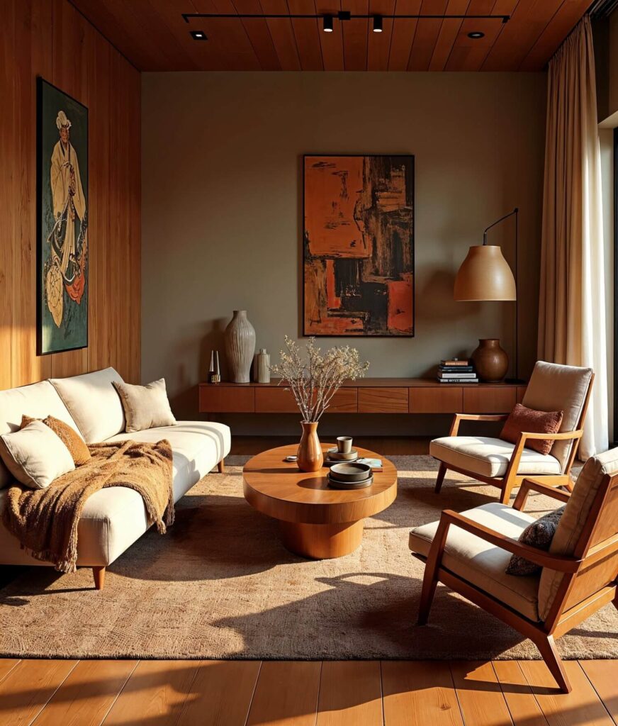 Fusion Afro-japanese living room with a minimalist scheme, wooden furniture, orgainc vases and art on the walls