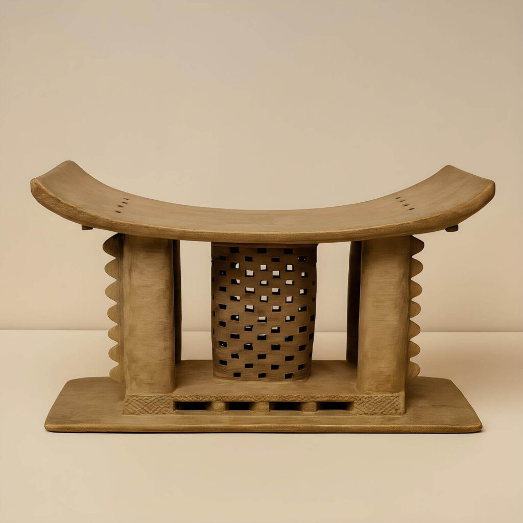 Regal light-wood Ashanti stool on a light earthy studio background