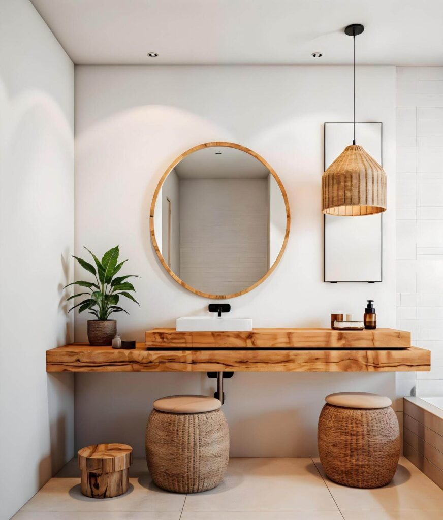 Modern bathroom with African decor including a wooden floating vanity, round mirror, and wicker stools. Hanging wicker light, potted plant, and minimalistic decor create a serene vibe.