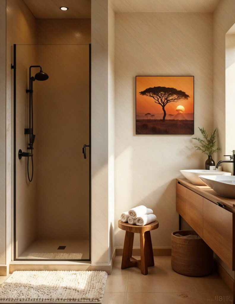 Elegant bathroom with a glass shower, modern wooden vanity, and vessel sinks. A serene sunset mural and neatly rolled towels create a calming ambiance.