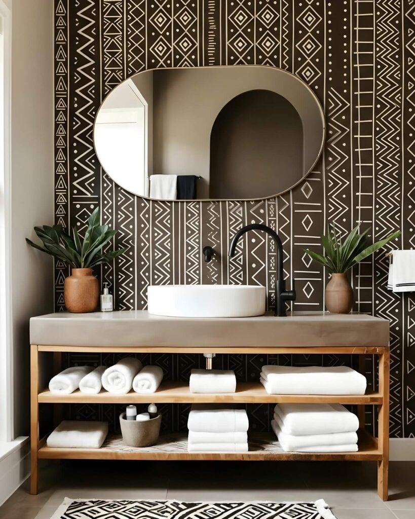 Modern African decor for bathroom with geometric African patterned wallpaper, oval mirror, white basin, and wooden vanity. Potted plants and neatly rolled towels add a serene touch.