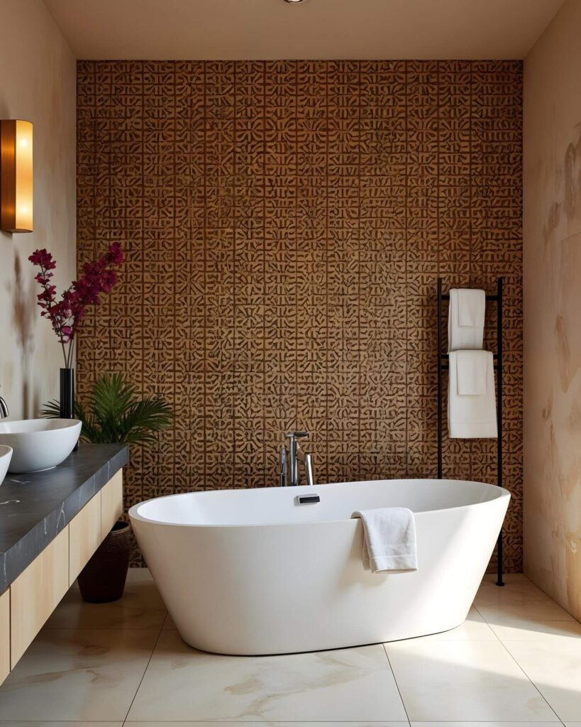 Modern bathroom with a freestanding white bathtub, a geometric African patterned wallpaper accent wall, and a vanity with a vessel sink. Fresh flowers and towels add elegance.
