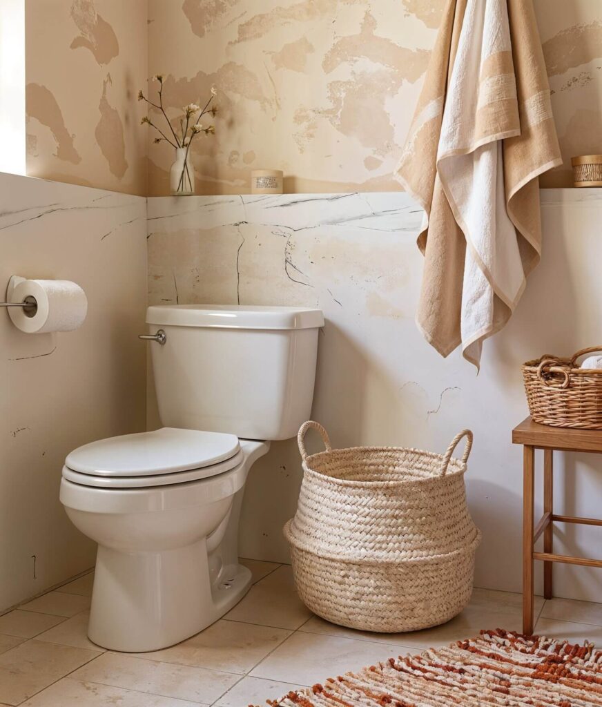 Cozy bathroom with a white toilet, woven basket, wooden stool, and striped towels. Soft beige tones create a warm, inviting ambiance.