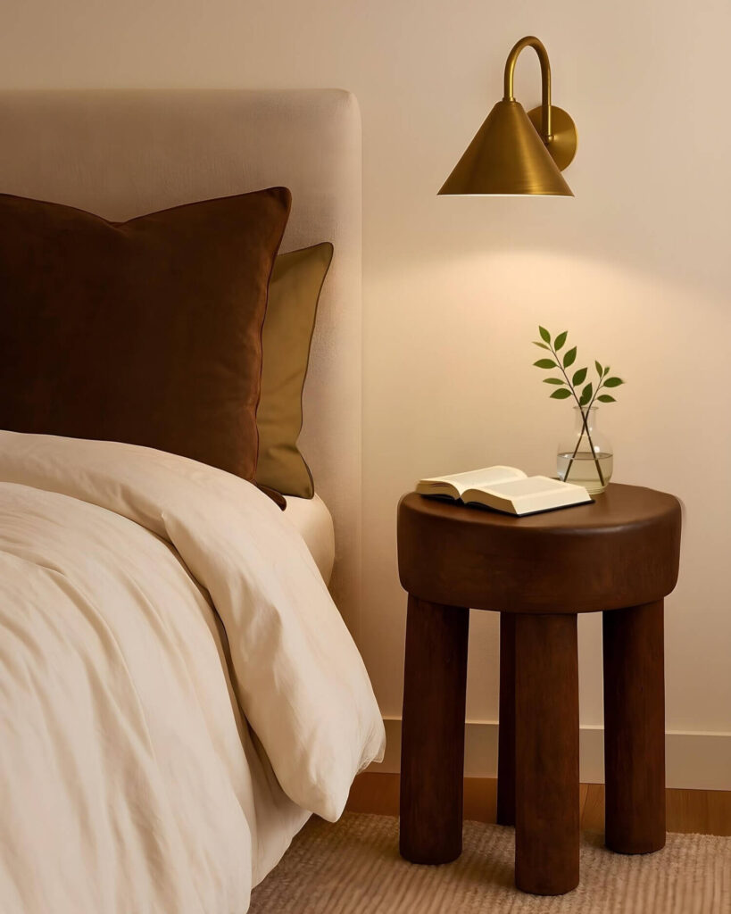 Gorgeous vintage Lobi stool used as a nightstand with an open reading book and a small glass vase on it. Above it, a beautiful golden sconce in brass, and they are next to a luxurious bed.