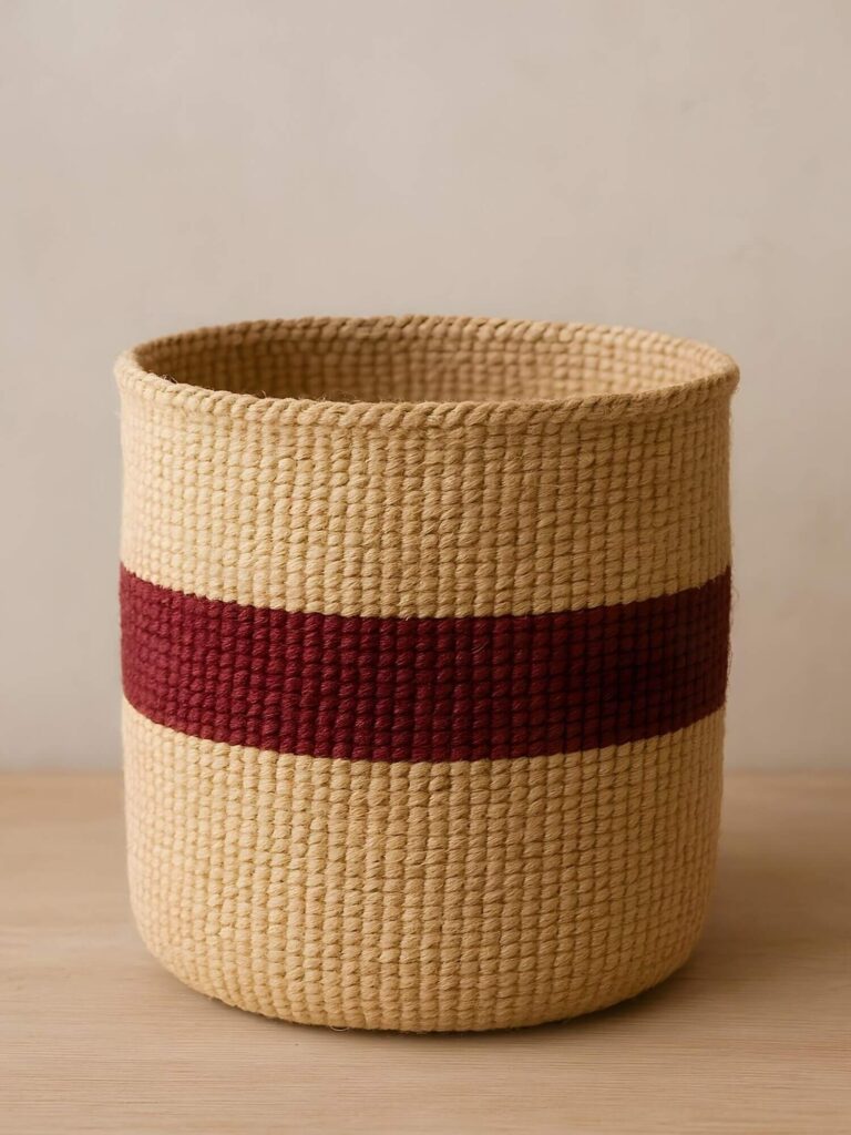 A large, round storage sisal basket on wooden floors. The basket has a cream-colored base with a wide, horizontal maroon stripe around its midsection