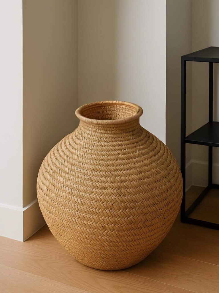 A medium-large buhera basket, jewel among African baskets, place on the floor in the corner of a modern room
