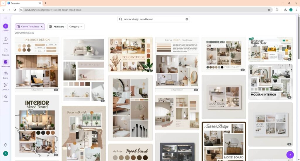 Screenshot of Canva's Interior design mood board templates options