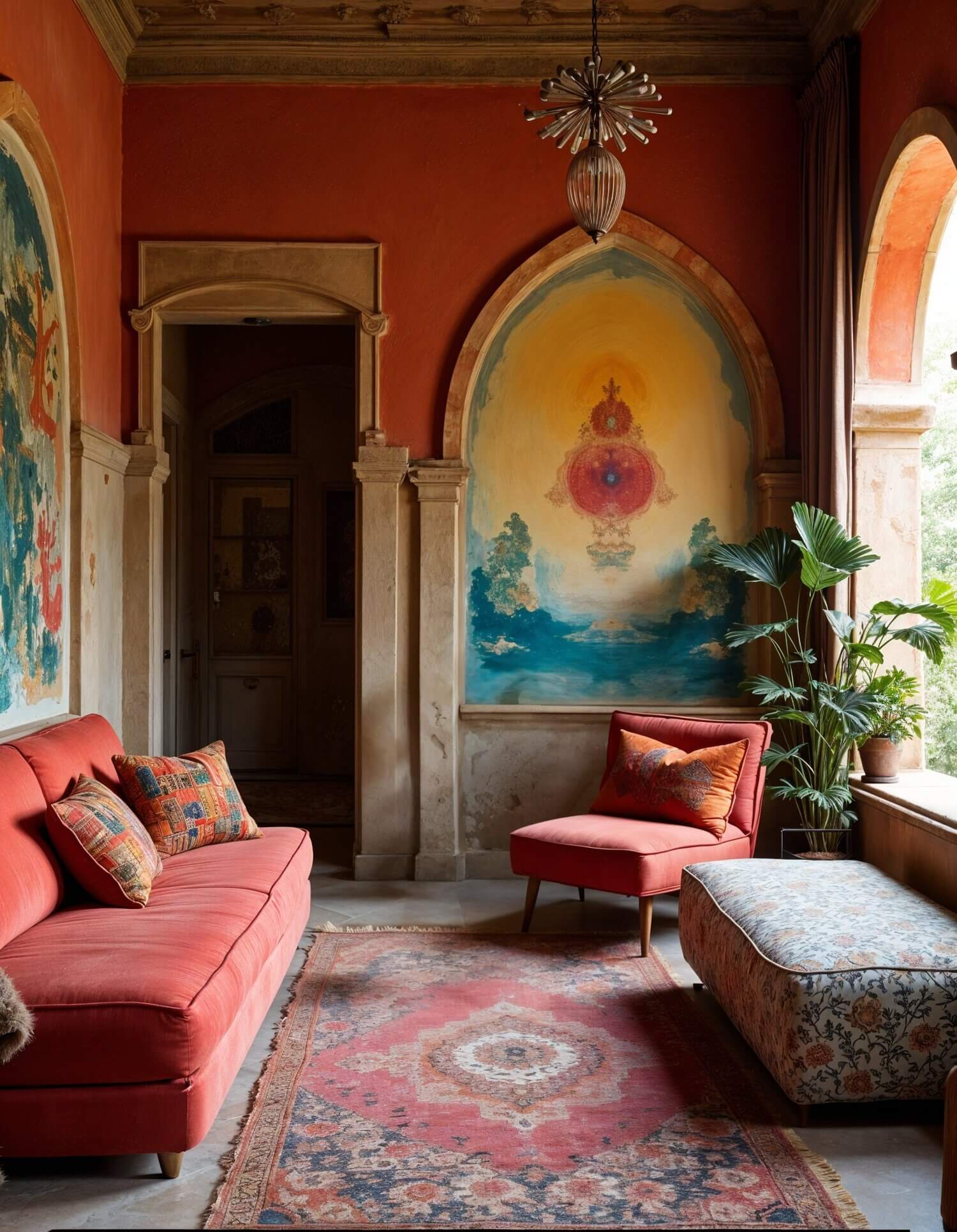 Ultra vibrant African seating area with bright colors and lively patterns. The walls are painted with colorful murals, a moroccan runner is on the floor, an upholstered ottoman and two raid seating furniture pieces complete the scene