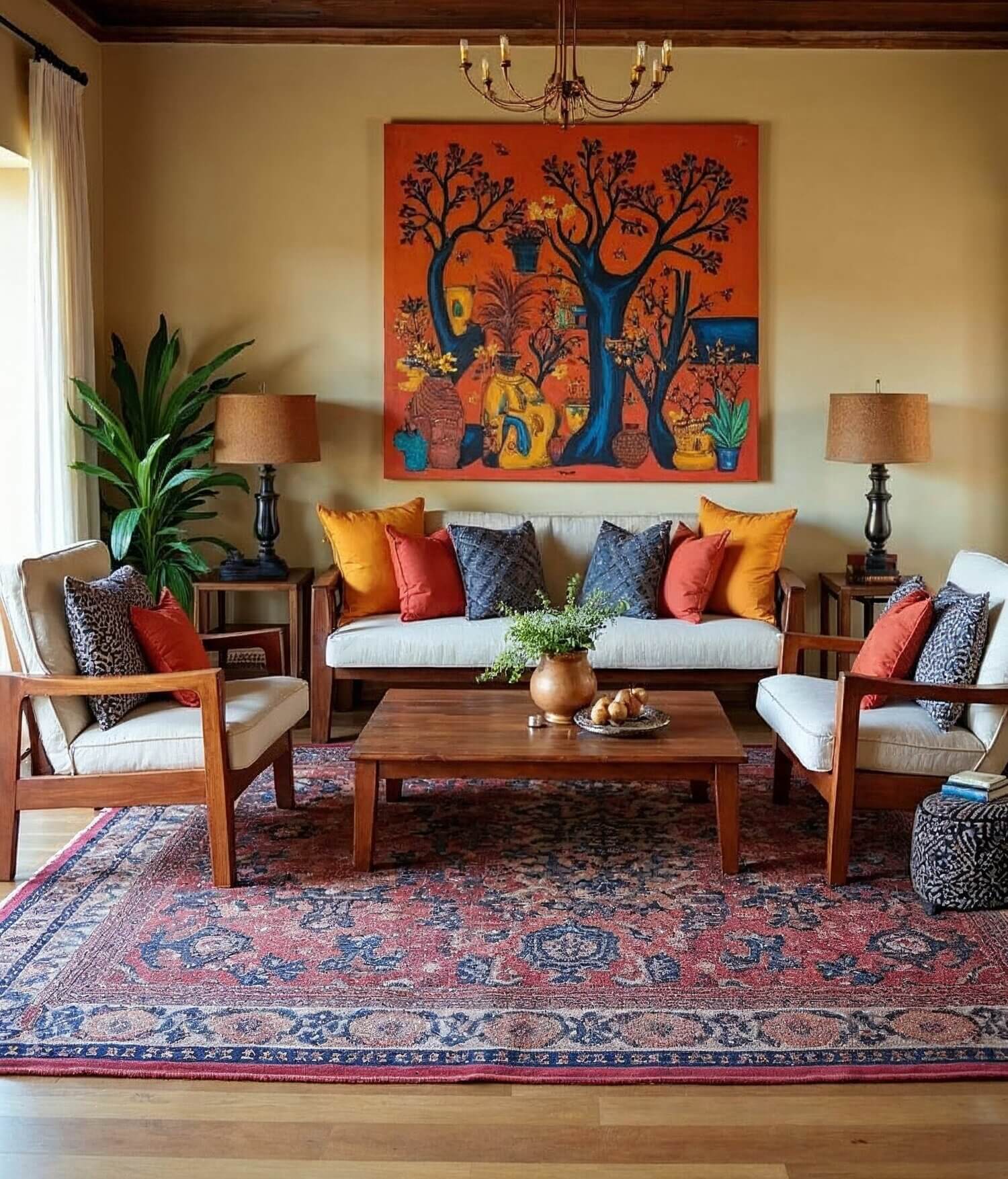 A living room scene showcasing African interior design with a vibrant and artistic style. A striking orange painting depicting trees and figures dominates the wall above a light-colored sofa adorned with orange, rust, and patterned pillows. Two wooden-framed chairs with cream cushions flank the sofa, each accented with a single rust-colored pillow and a dark patterned throw pillow. A wooden coffee table in the center is decorated with a vase of greenery and a small dish of fruit, contributing to the room's warm and inviting atmosphere. A richly patterned rug anchors the space, complementing the room's earthy tones and eclectic aesthetic. The room is well-lit, with natural light filtering in and supplemented by table lamps on either side of the sofa, enhancing the artwork and décor.