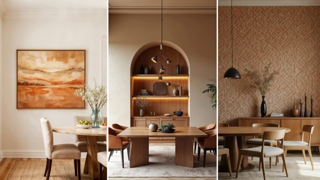 Dining room wall design done 3 ways: narrow wall with a large horizontal earthy paintings, tall wall with a stunning built-in arch and medium wall with African-inspired wallpaper