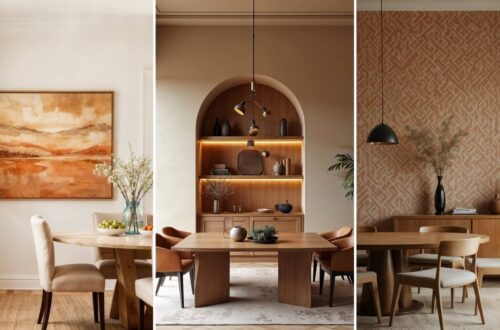 Dining room wall design done 3 ways: narrow wall with a large horizontal earthy paintings, tall wall with a stunning built-in arch and medium wall with African-inspired wallpaper