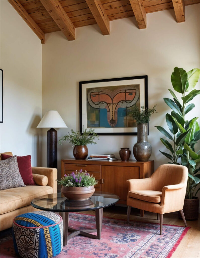 Warm, inviting living room with a wood-beamed ceiling. Features a tan sofa, patterned ottoman, glass coffee table, vibrant eclectic decor, and lush plants.