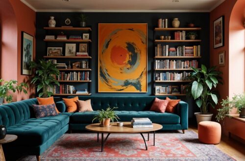 Cozy and vibrant living room representing the essence of eclectic maximalism design. It has a teal sectional sofa, orange pillows, and plants. Large abstract painting on dark wall, flanked by bookshelves, exudes warmth.