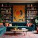 Cozy and vibrant living room representing the essence of eclectic maximalism design. It has a teal sectional sofa, orange pillows, and plants. Large abstract painting on dark wall, flanked by bookshelves, exudes warmth.