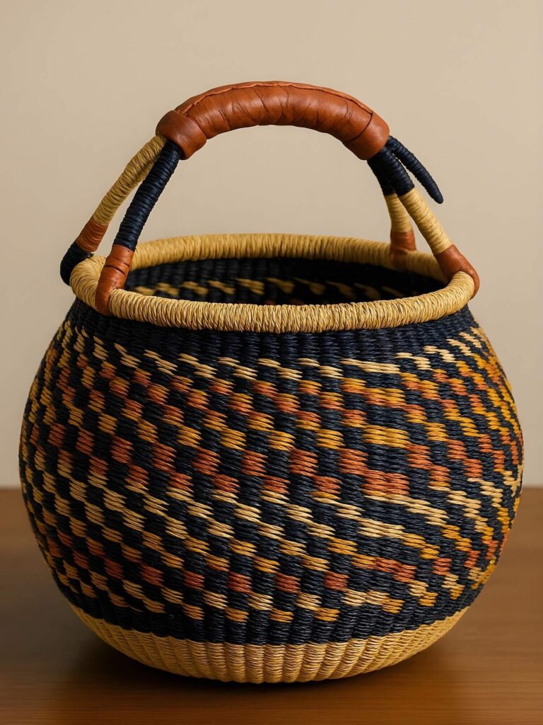 A gorgeous rounded bolga basket from Ghana, beautiful design among African baskets. It has stunning navy and rust patterns throughout its natural base