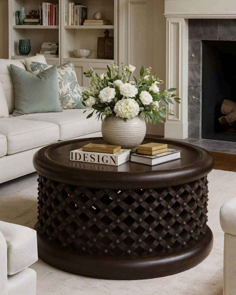 Oversized Bamileke stool table used as a coffee table with chic decor on it in the middle of a stylish, high-end living room decorated in a charming, classic style.