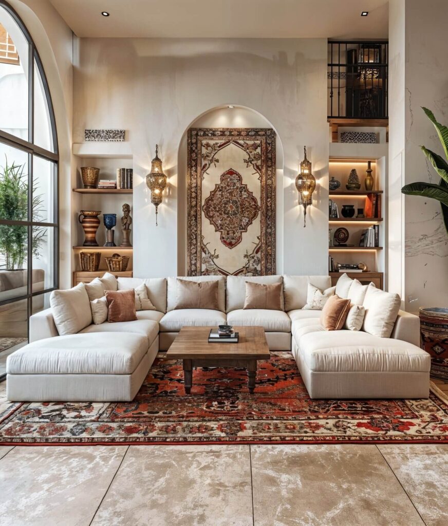 African-inspired design styles: Chic Moroccan living room with high ceilings, a white sectional sofa complemented with plush throw pillow, a moroccan rug and a wooden table