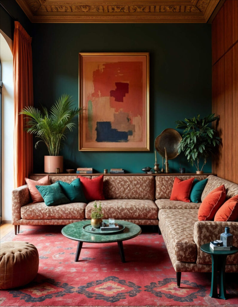 A cozy maximalist living room with a patterned brown sectional sofa, red and teal cushions, a round green coffee table, and abstract wall art. Plants add a fresh touch.