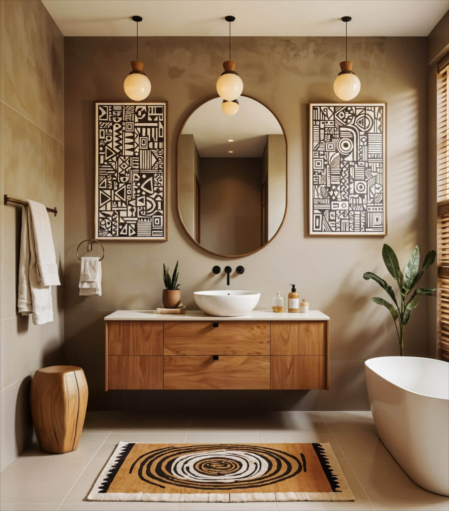 Modern bathroom with wooden vanity and round mirror. Decorated with geometric African art, pendant lights, potted plant, and freestanding tub. Cozy and stylish ambiance.