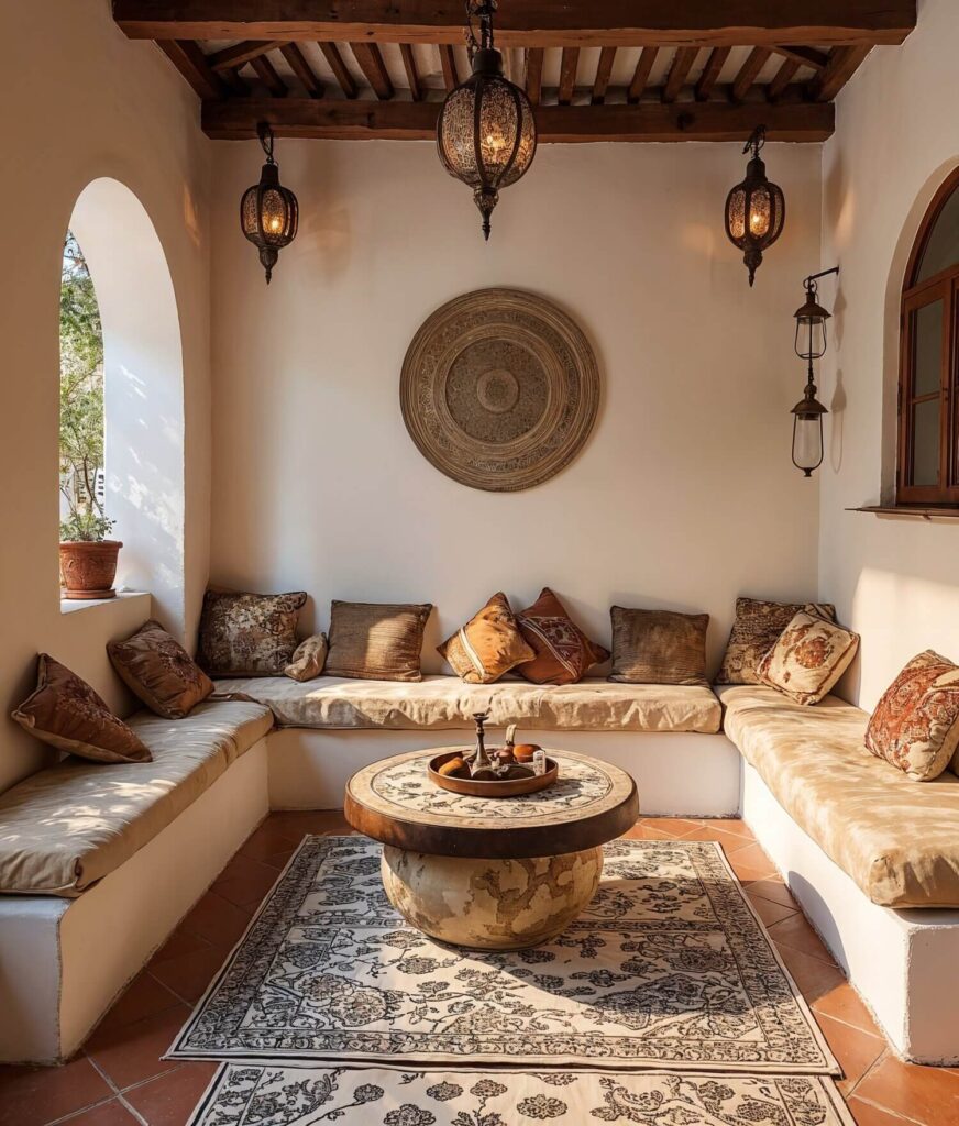 Outdoor terrace decorated in a traditional Moroccan design style