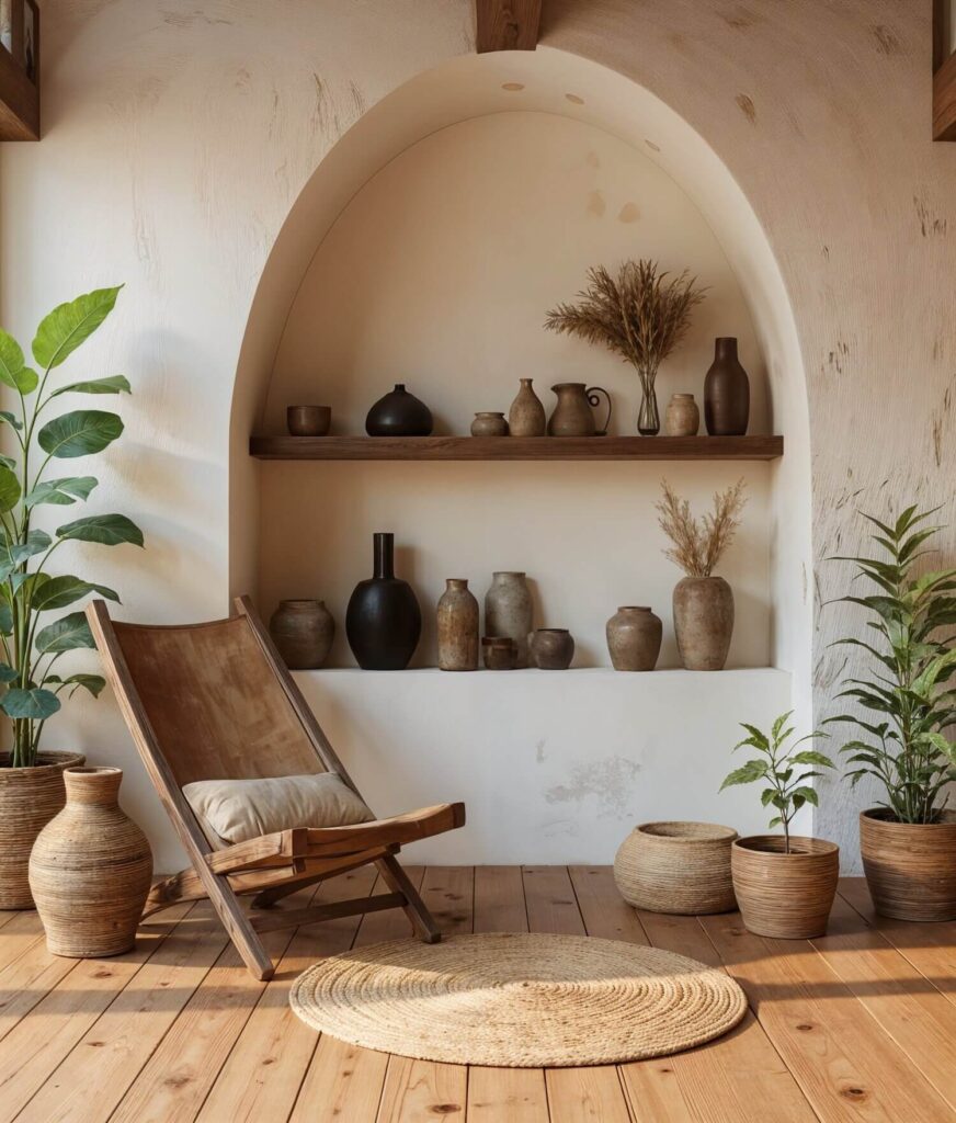 Minimalist decor area with a white wall, earth tone pots and vases on shelves built into the wall, a wooden chair and a terracotta vase on the floor next to it
