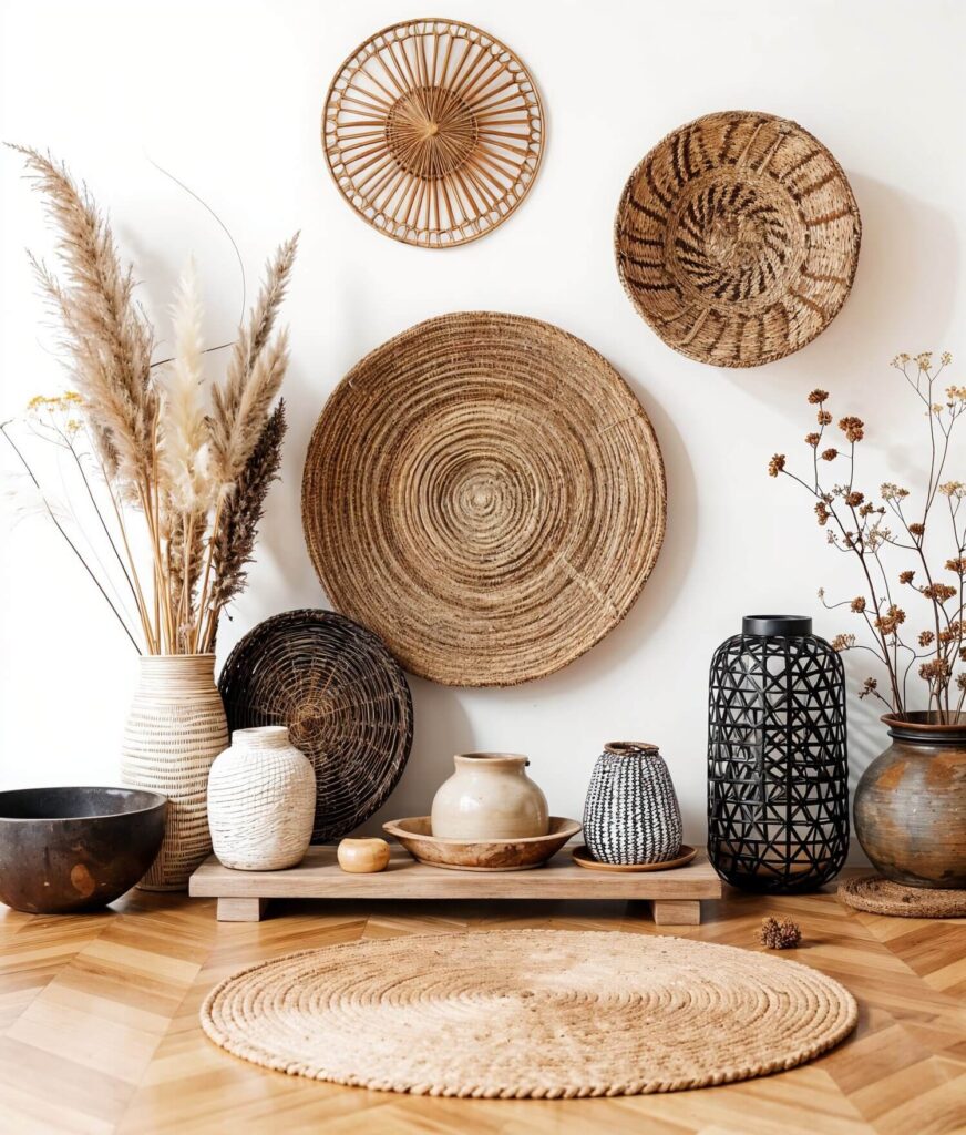 Organic decor display composed by woven wall baskets and vases, wooden bowls and ceramic jars
