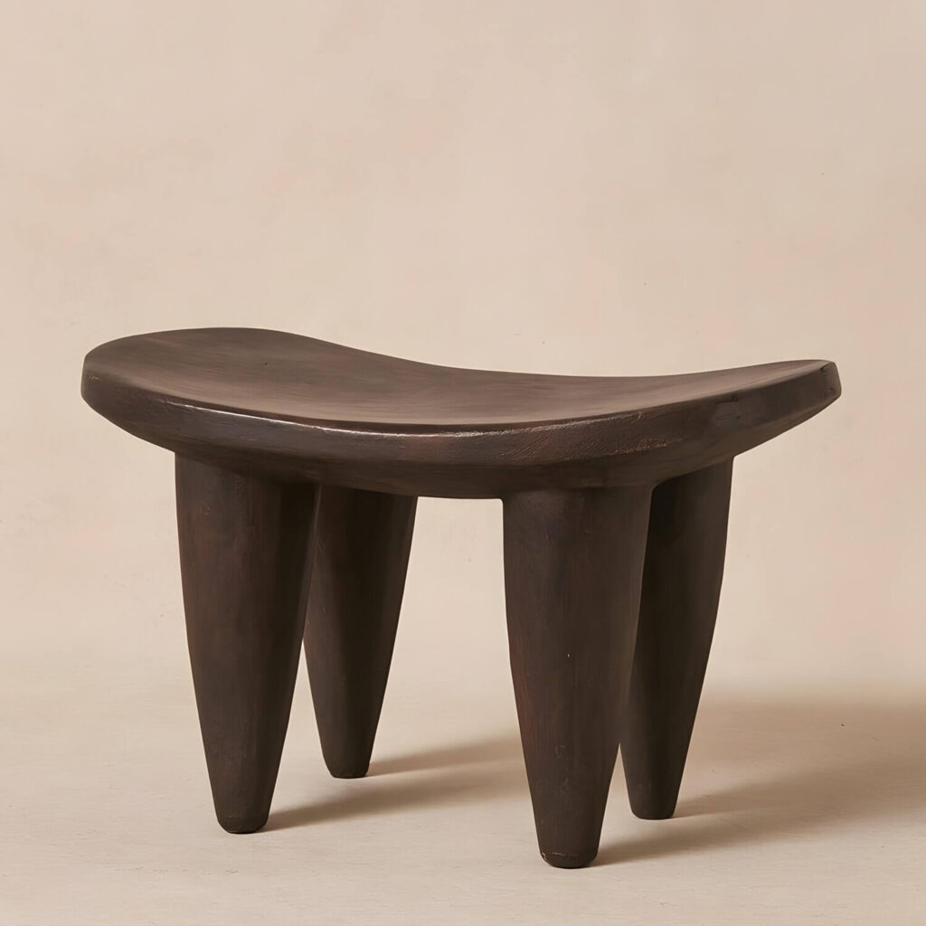 Classic Senufo stool, one of the most well-loved African stools in modern interiors, on a light studio background