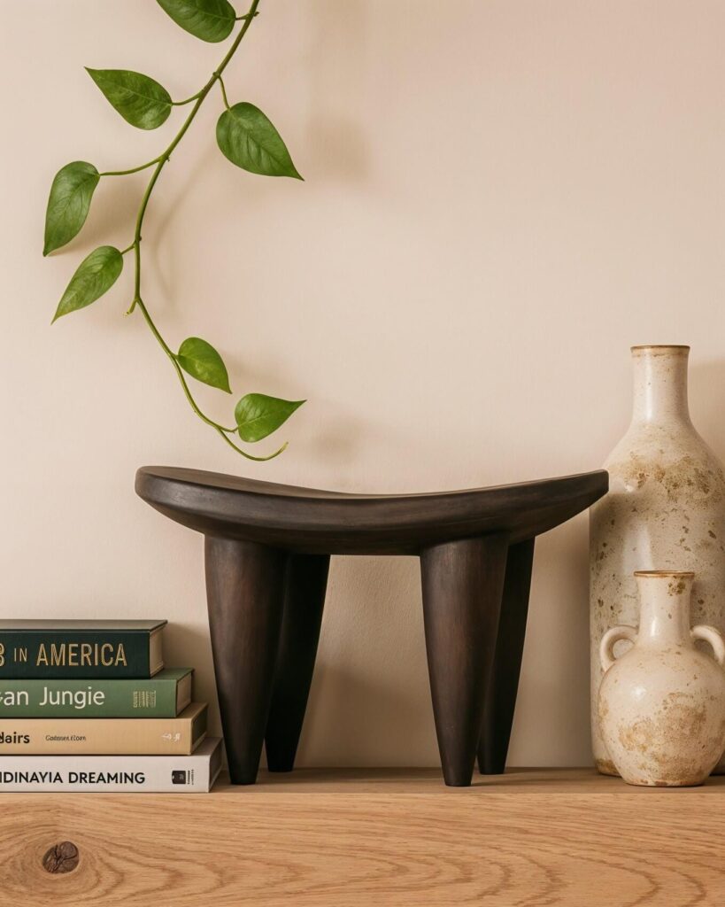 Dark wood Senufo stool on a floating shelf with a stack of books on the left and two vintage vases on the right. A branch of ivy is falling from above.