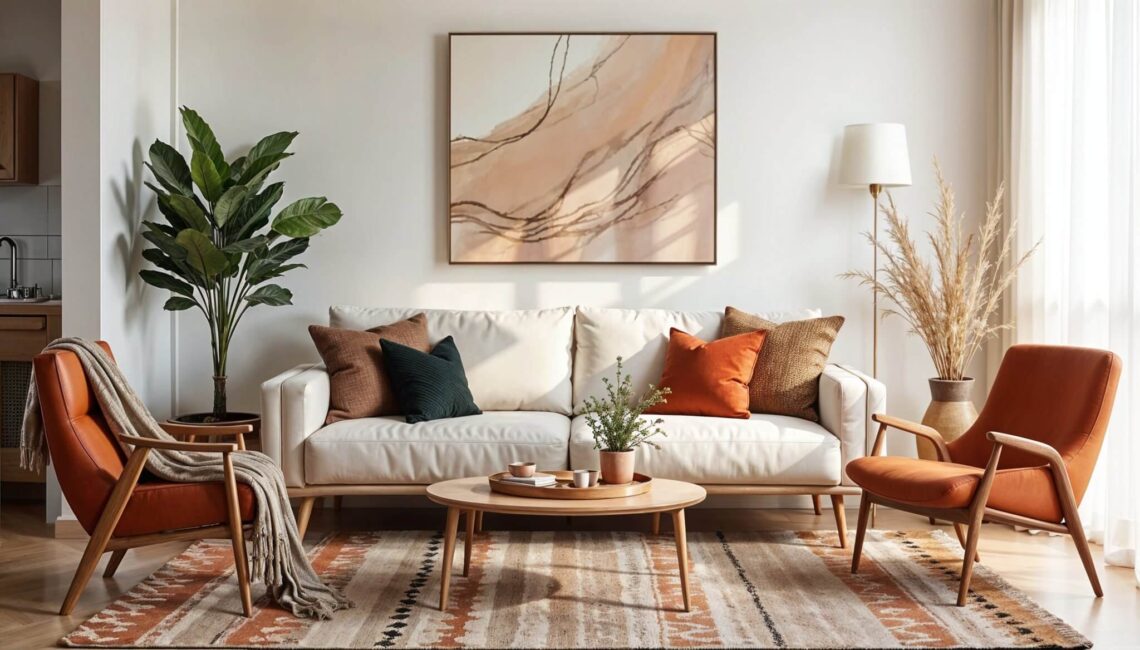 Small apartment interior decor in a cozy living room with a white sofa, orange armchairs, and a round wooden table. Abstract art and indoor plants add warmth and a modern touch.