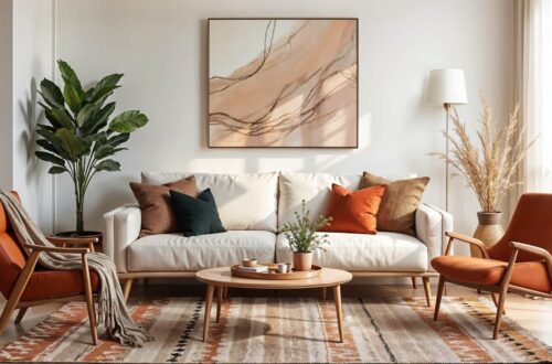 Small apartment interior decor in a cozy living room with a white sofa, orange armchairs, and a round wooden table. Abstract art and indoor plants add warmth and a modern touch.