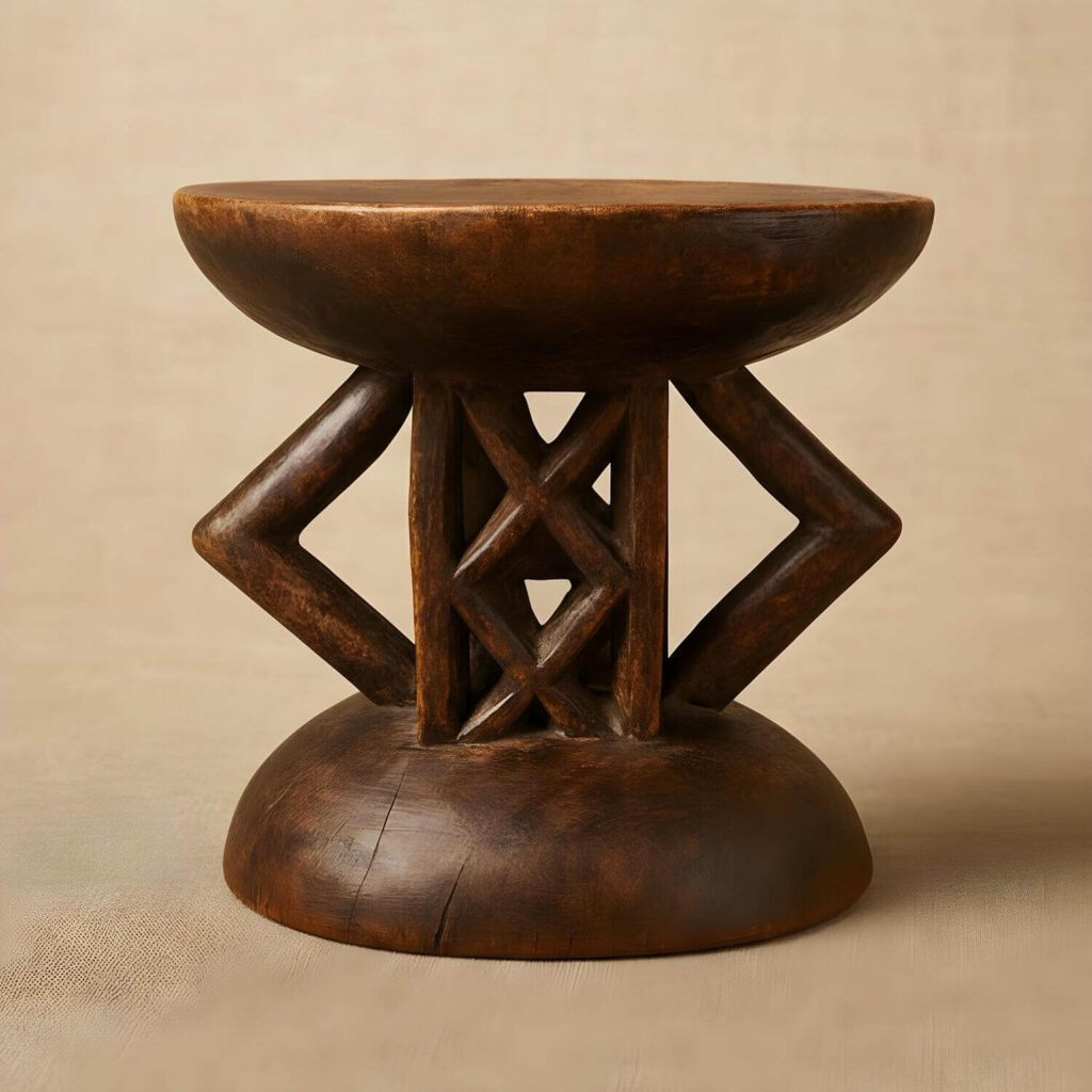 Gorgeous Tonga stool in a dark wood with half-diamond-shaped handles on each side and a central pillar carved with geometric patterns
