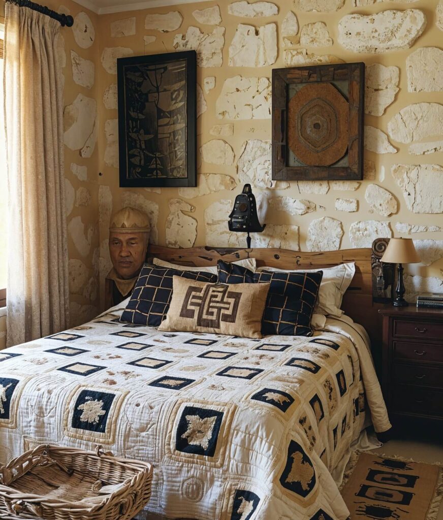 African interior design styles: Traditional South African bedroom with a bed covered by a traditional blanket, throw pillows in earth tone coverd and wooden art hanged on the wall