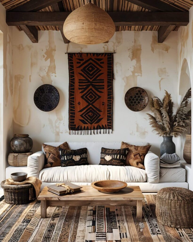 African interior design styles - living room with ancient objects; a wall hanging, thrown pillows with traditional patterns, a wooden table and a patterned rug
