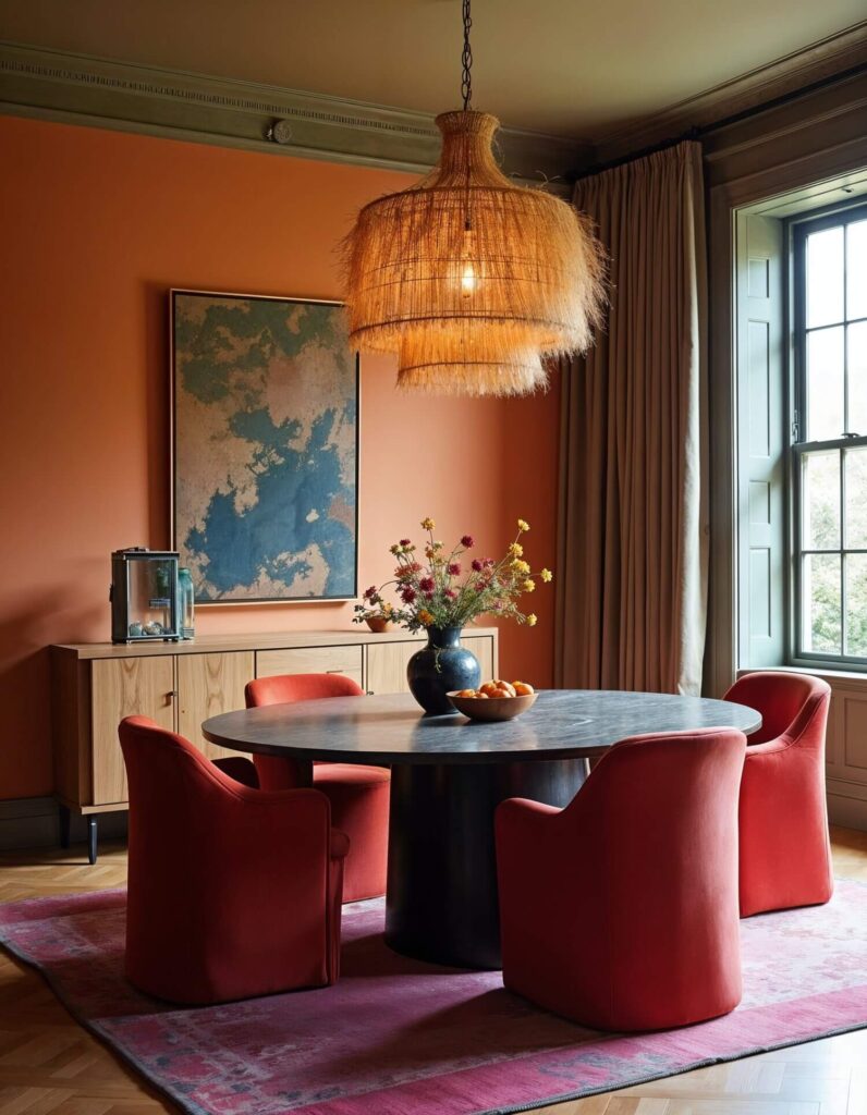 Cozy dining room showcasing eclectic maximalism design with warm orange walls, a large wicker chandelier, and a round table surrounded by red chairs. A sideboard and large window enhance the space.