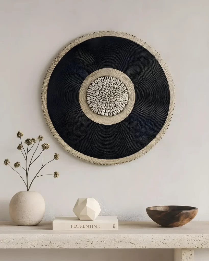 A stunning African beaded shields with black beads and white cowrie shells hanging on a wall over a chic console table