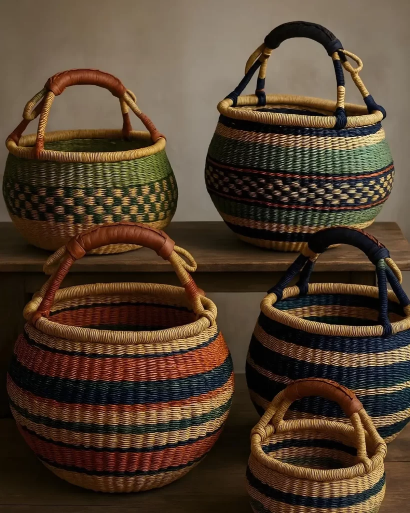 A group of five colorful, hand-woven Bolga baskets of various sizes, with leather or dark fabric-wrapped handles, sitting on a wooden surface.