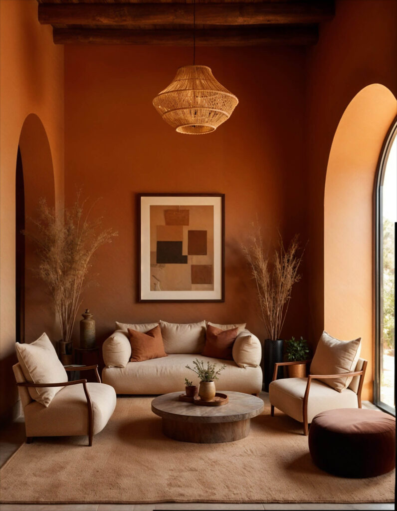 Cozy african-style home with terracotta walls, arched windows, a beige sofa, chairs, wicker chandelier, round table, abstract art, and decorative plants.