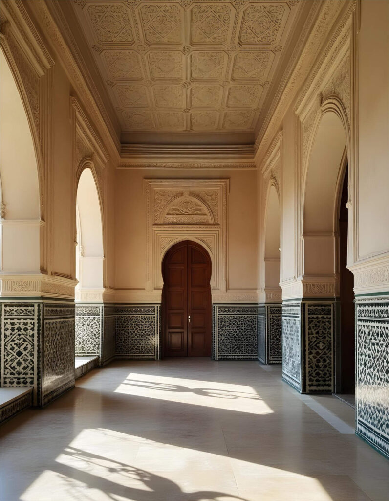 Sunlit Moroccan corridor with ornate arches, geometric tile patterns, and intricate ceiling designs. Warm tones create a serene, historic ambiance.