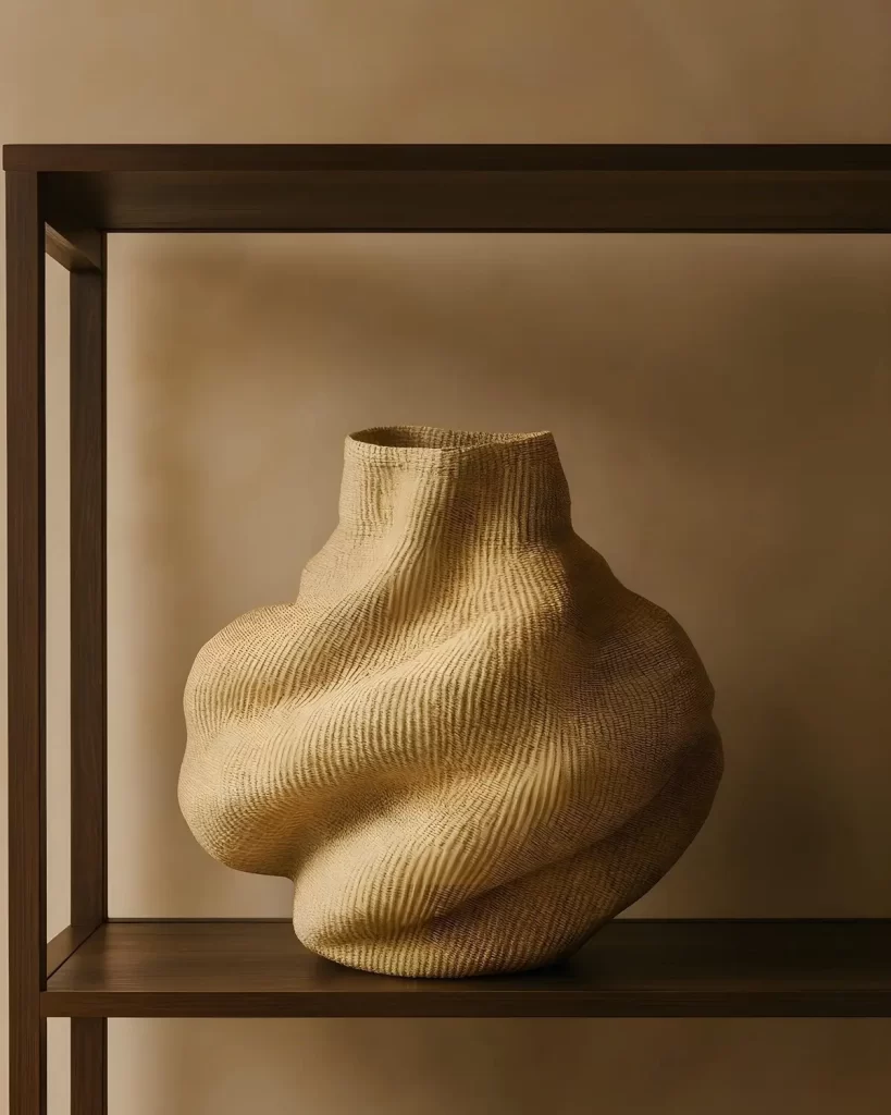 A large, sculptural Yoomelingah woven vase in a natural, sandy-tan color, featuring a dramatic, textured spiral design, displayed on a dark wooden shelf.