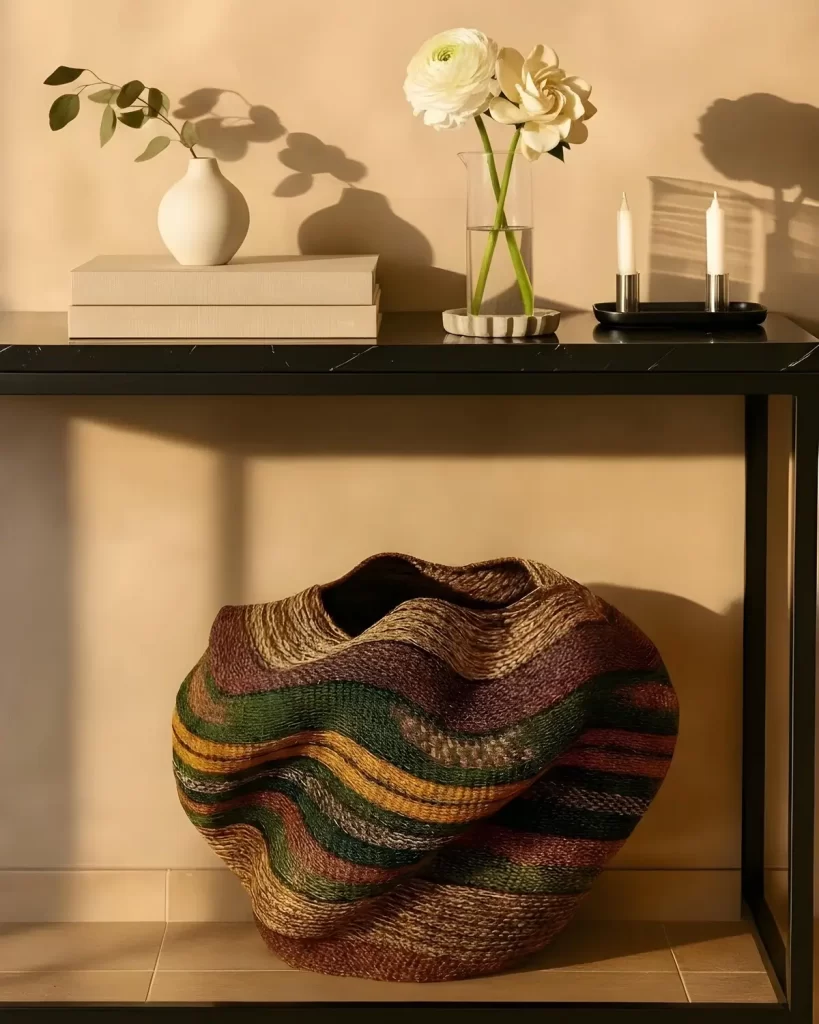 An Ayeratukko basket with a striking, wavy silhouette and colorful stripes of green, mustard yellow, and maroon, placed under a black console table.